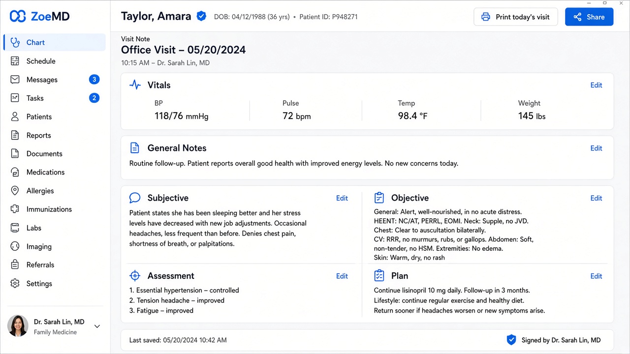 ZoeMD Health Network visit chart with SOAP notes